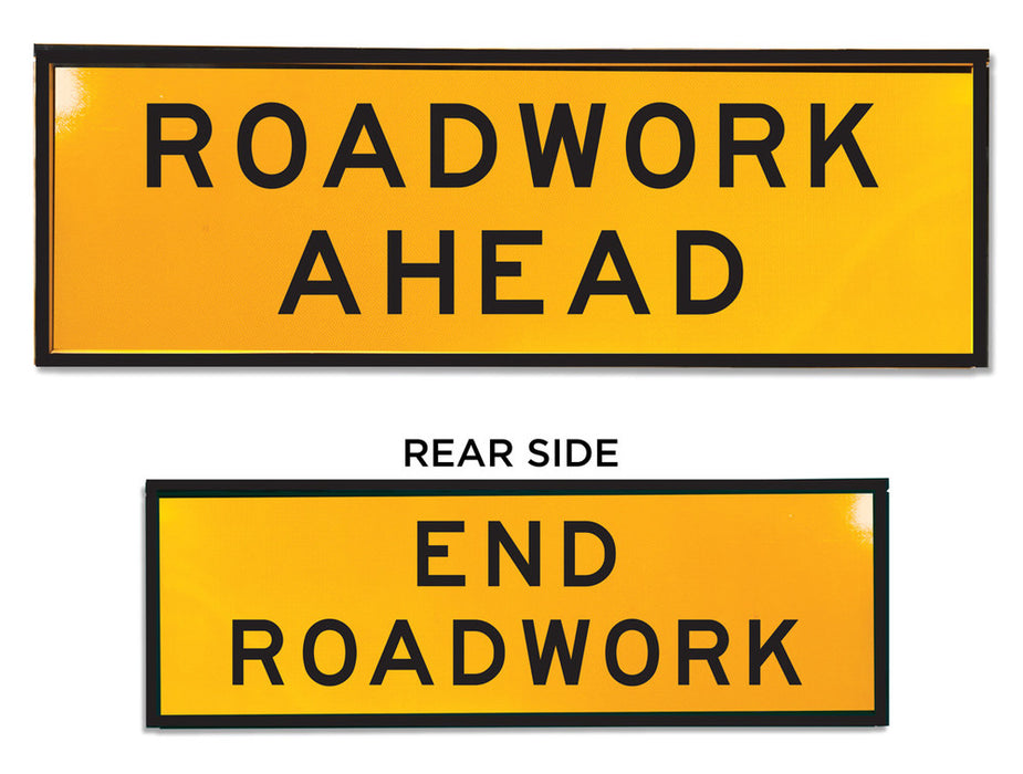 Sign for Box Section ROADWORK AHEAD / END ROADWORK d/sided Class 1 reflc Blk/Ylw - w1800 x h600mm METAL