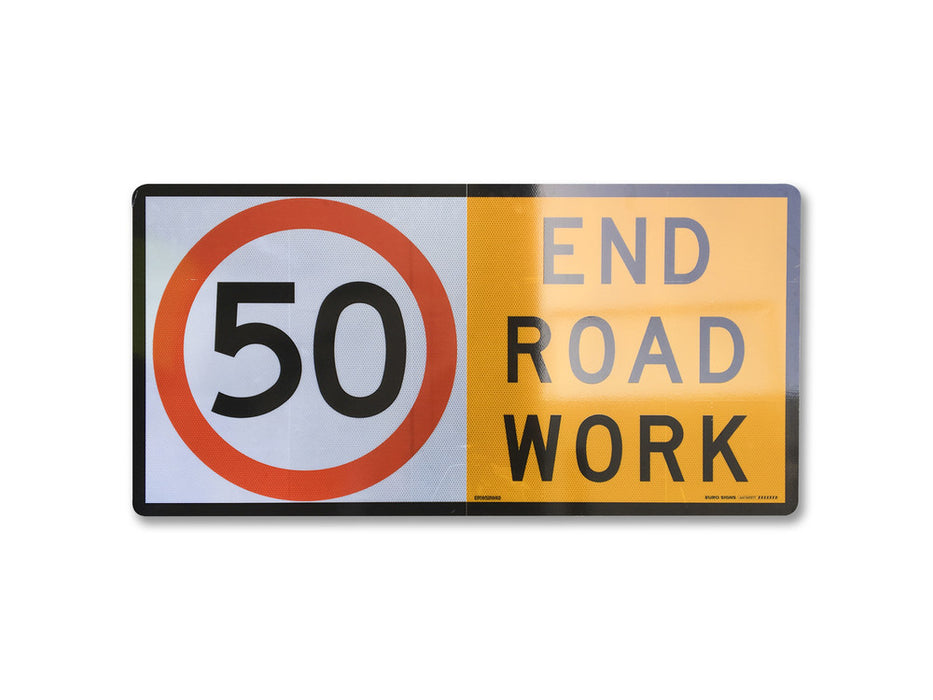 Sign for Quad frm d/side Class1 reflc - 50km END OF ROAD WORKS & 40km workman graphic - w1200 x h600mm ZS METAL