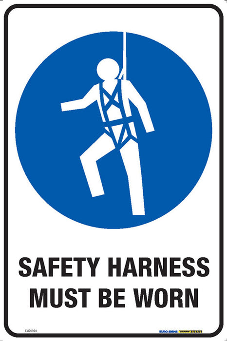 Sign mandatory SAFETY HARNESS MUST BE WORN +graphic Blue/Black/White METAL