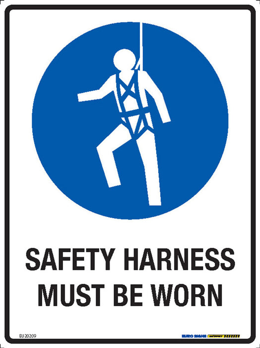 Sign mandatory SAFETY HARNESS MUST BE WORN +graphic Blue/Black/White METAL
