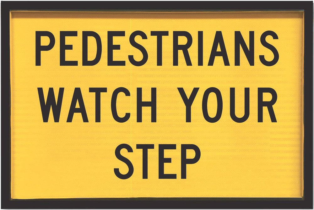 Sign Box Section PEDESTRIANS WATCH YOUR STEP Class 1 reflc Blk/Ylw - w900 x h600mm METAL