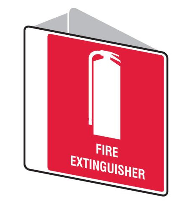 Sign FIRE EXTINGUISHER +graphic V d/sided Wht/Red - 225 x 225mm POLY