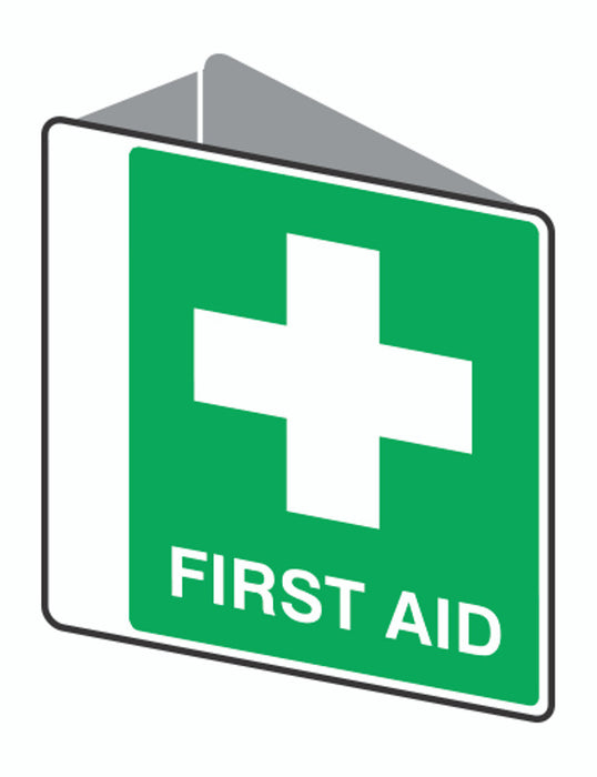Sign FIRST AID +graphic - V d/sided Wht/Grn - 225 x 225mm POLY