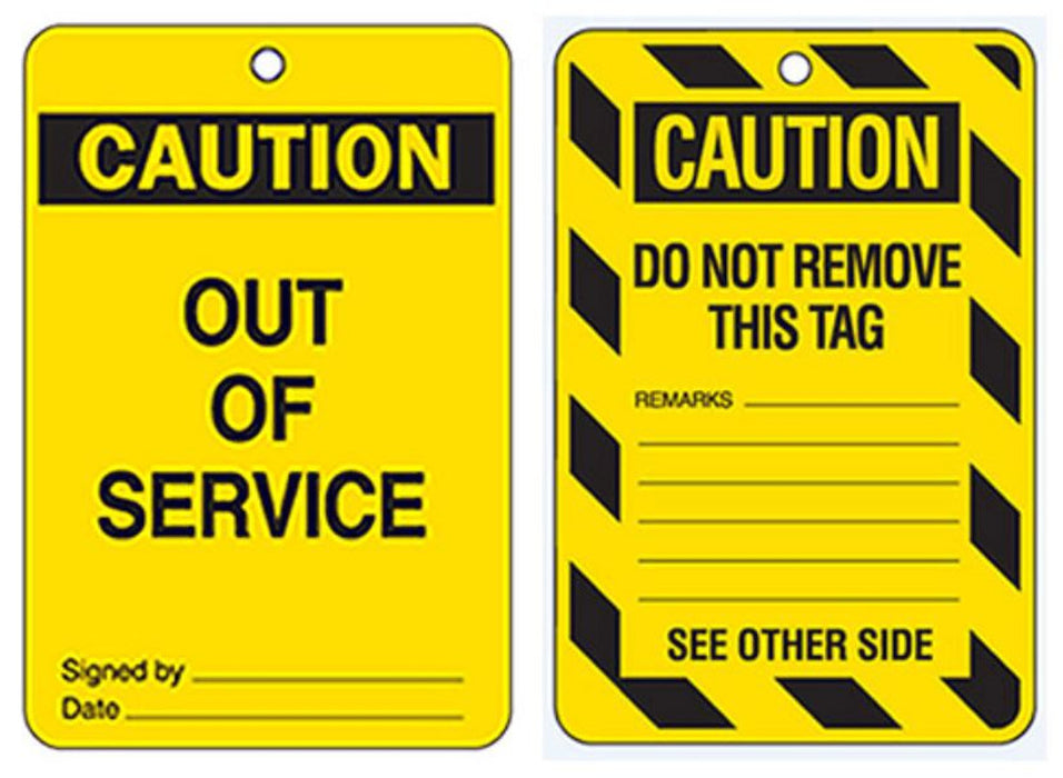 Tag CAUTION OUT OF SERVICE and DO NOT REMOVE THIS TAG - d/sided Blk/Ylw - x 10qty POLY