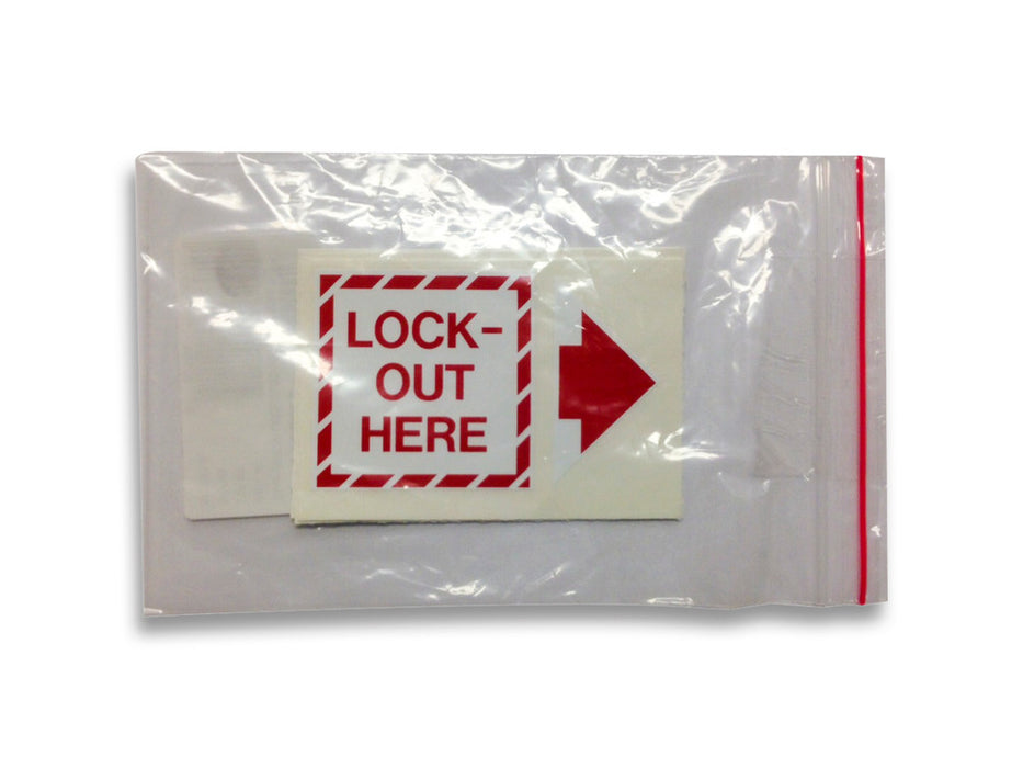 Sticker LOCK OUT HERE + -> 2 Part Red/Wht - 50mm x 5qty DECAL