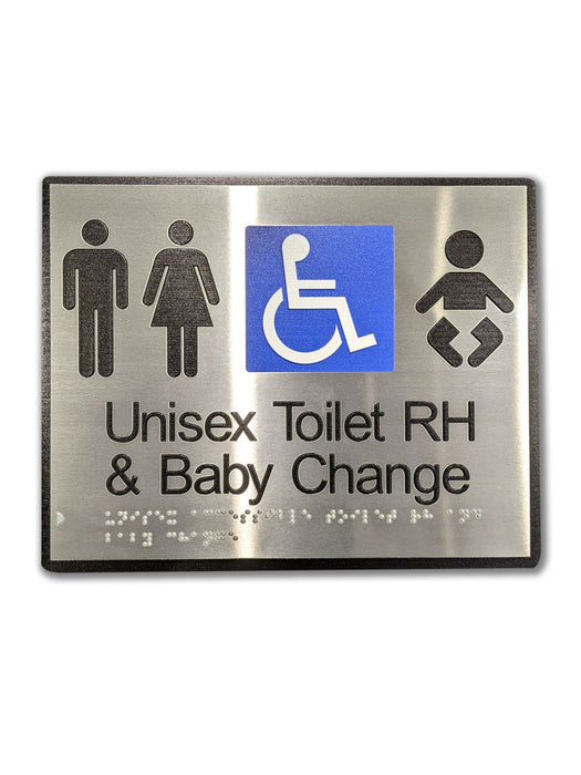 Sign Toilet Braille TOILET & BABY CHANGE Lefthnd Blk/Silver - w296 x h200mm ALUM