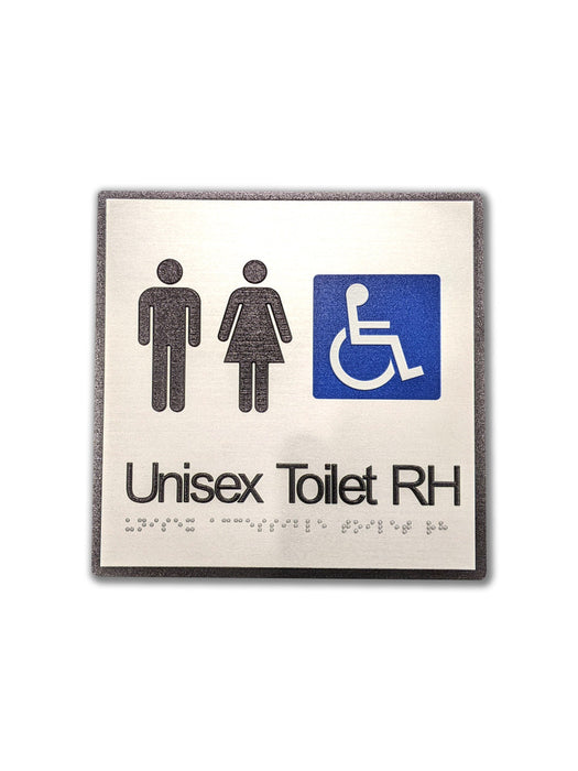 Sign TOILET Braille M/F/D Righthnd Blk/Blu/Silver - 200x200mm ALUM