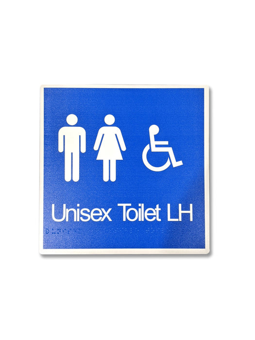 Sign TOILET Braille ACCESSIBLE LEFT/hWht/BLU - 200 x 200mm ALUM