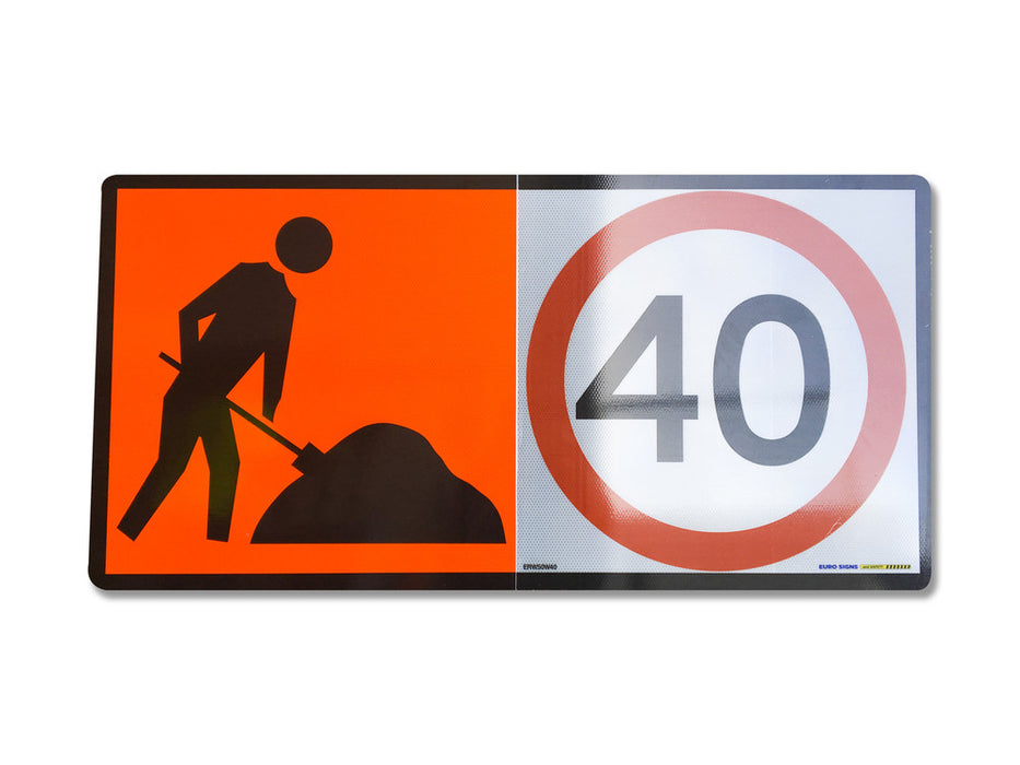 Sign for Quad frm d/side Class1 reflc - 50km END OF ROAD WORKS & 40km workman graphic - w1200 x h600mm ZS METAL