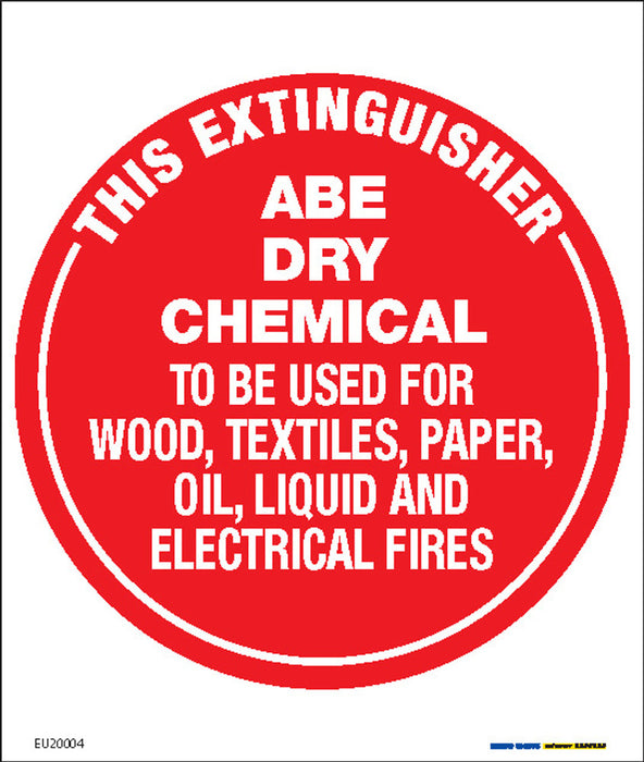 Sign THIS EXTINGUISHER ABE DRY CHEMICAL +uses Wht/Red - w190 x h225mm POLY