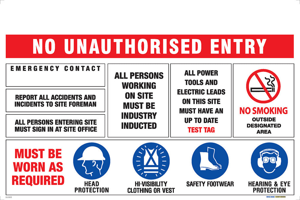 Sign NO UNAUTHORISED PERSONS + MULTI MESSAGES Site Entry - w900 x h600mm CORF