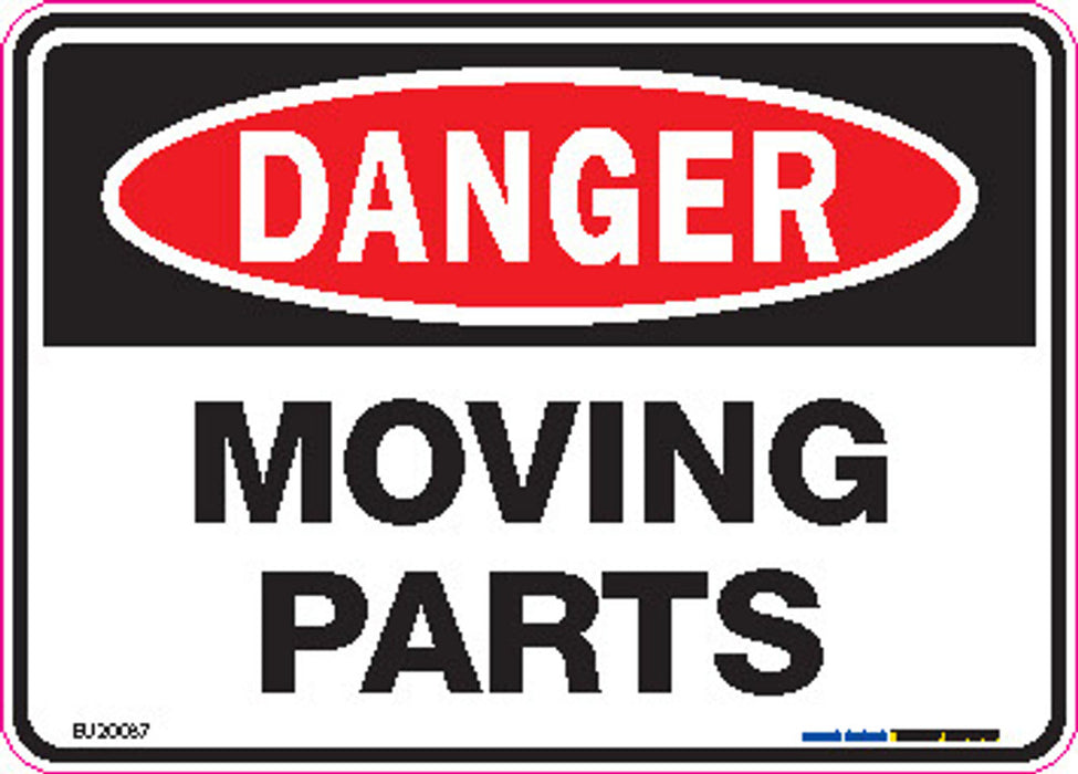 Sign DANGER MOVING PARTS Wht/Blk/Red - w125 x h90mm DECAL