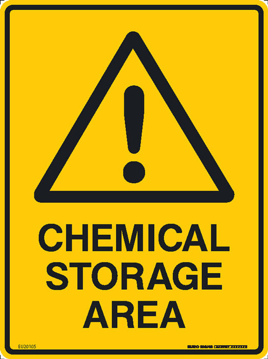 Sign CHEMICAL STORAGE AREA + ! graphic Blk/Ylw - w225 x h300mm POLY