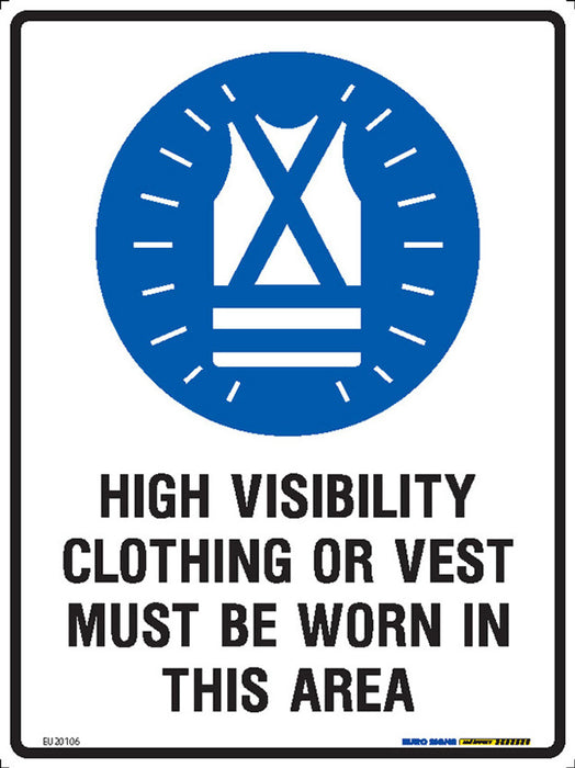 Sign mandatory HI-VIS MUST BE WORN IN THIS AREA Blue/Blk/Wht - w225 x h300mm METAL