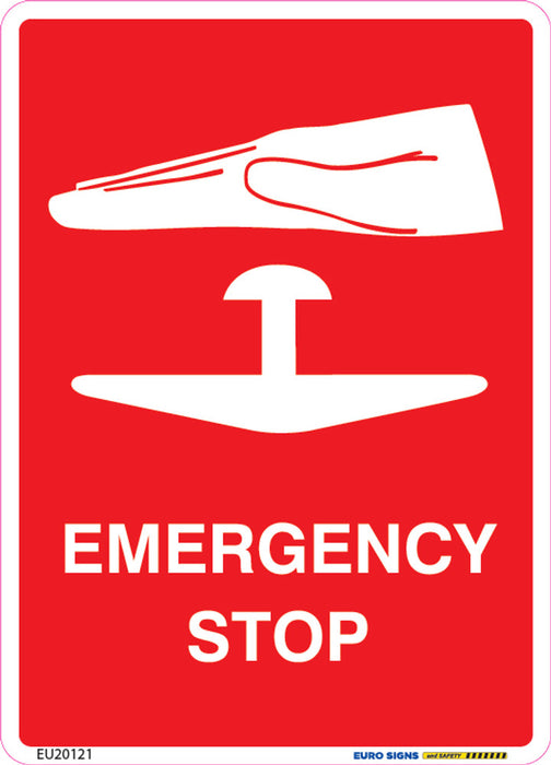 Sign EMERGENCY STOP +graphic Class 1 red/wht - w90 x h125mm DECAL