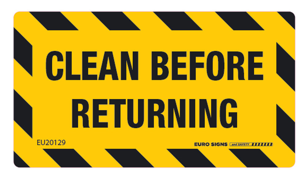 Sign CLEAN BEFORE RETURNING chevron border Blk/Ylw - w90 x h50mm DECAL