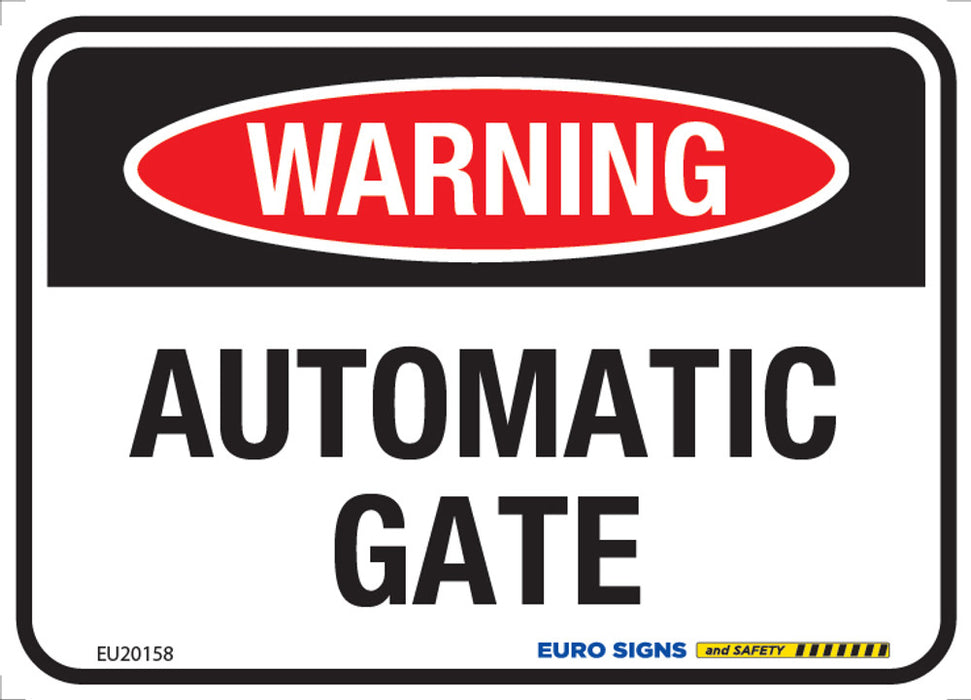 Sign WARNING AUTOMATIC GATE Blk/Red/Wht - w125 x h90mm METAL
