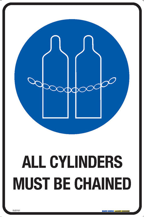 Sign ALL CYLINDERS MUST BE CHAINED +graphic Wht/Blk/BLUE - w300 x h450mm METAL