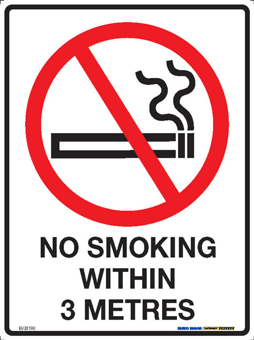 Sign NO SMOKING WITHIN 3 METRES +graphic Blk/Red/Wht - hw225 x h300mm METAL
