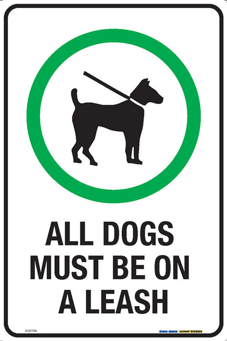 Sign DOGS MUST BE ON A LEASH +graphic Blk/Grn/Wht - w300 x h450mm METAL