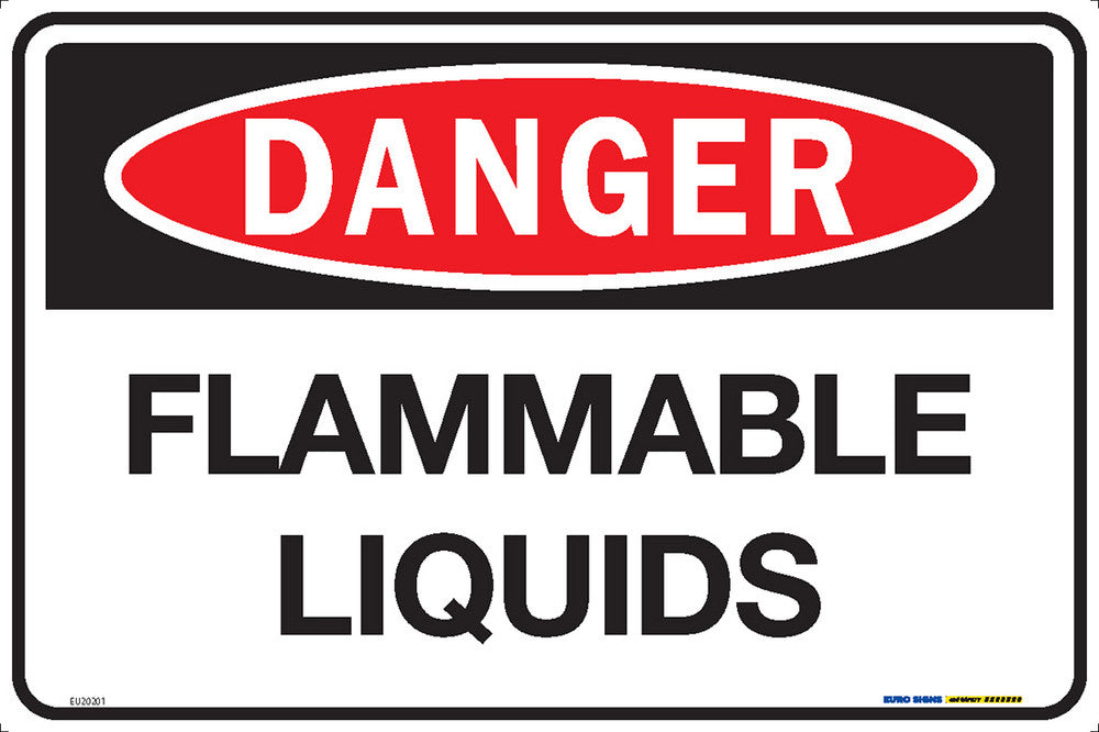 Sign DANGER FLAMMABLE LIQUIDS Wht/Blk/Red - w450 x h300mm METAL