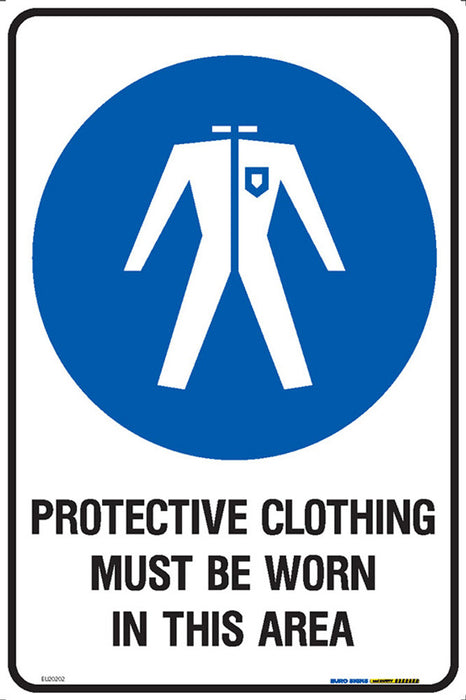 Sign PROTECTIVE CLOTHING MUST BE WORN IN THIS AREA +graphic BLUE/Blk/Wht - w300 x h450mm METAL