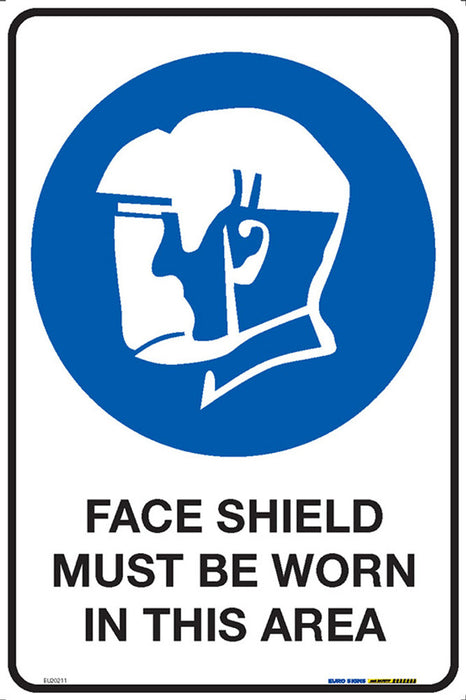 Sign FACE SHIELD MUST BE WORN IN THIS AREA +graphic BLUE/Blk/Wh - w300 x h450mm METAL