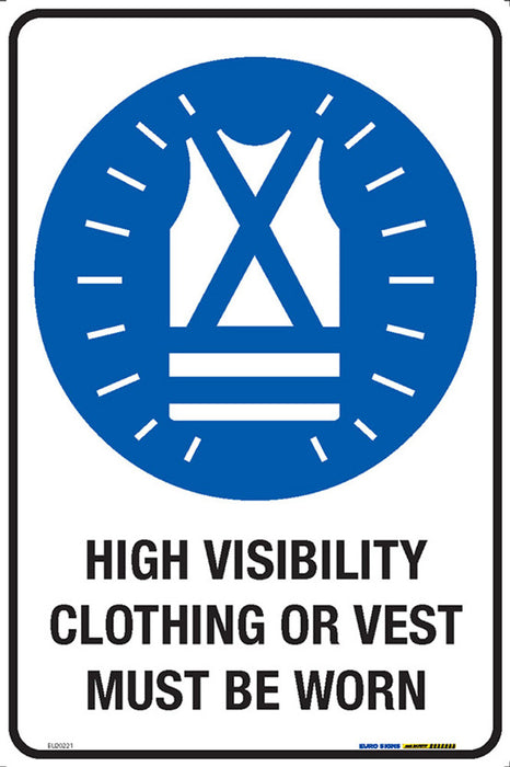 Sign HIGH VISIBILITY CLOTHING OR VEST MUST BE WORN +graphic BLUE/Blk/Wht - w300 x h450mm METAL
