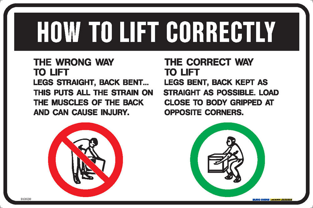 Sign HOW TO LIFT CORRECTLY instructions Blk/Red/Wht - w450 x h300mm POLY