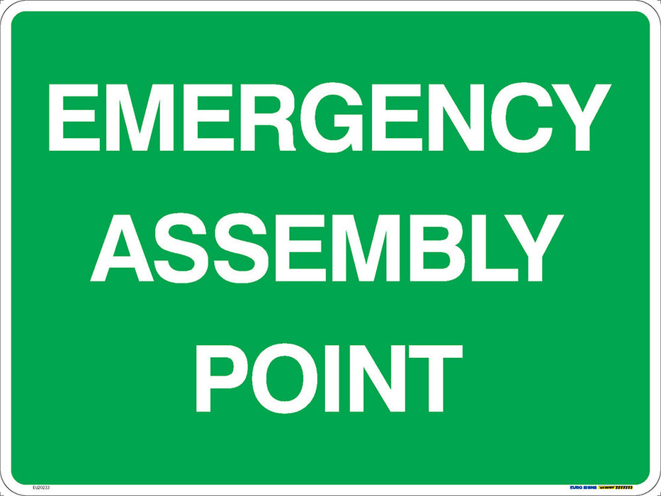 Sign EMERGENCY ASSEMBLY POINT Wht/Grn - w600 x h450mm ALUM