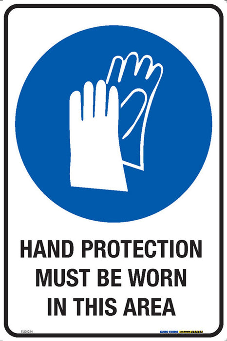 Sign HAND PROTECTION MUST BE WORN IN THIS AREA +graphic BLUE/Blk/Wht - w300 x h450mm METAL