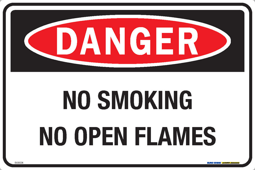 Sign DANGER NO SMOKING NO OPEN FLAMES Wht/Blk/Red - w450 x h300mm METAL