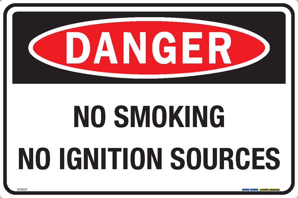 Sign DANGER NO SMOKING NO IGNITION SOURCES Wht/Blk/Red - w450 x h300mm METAL