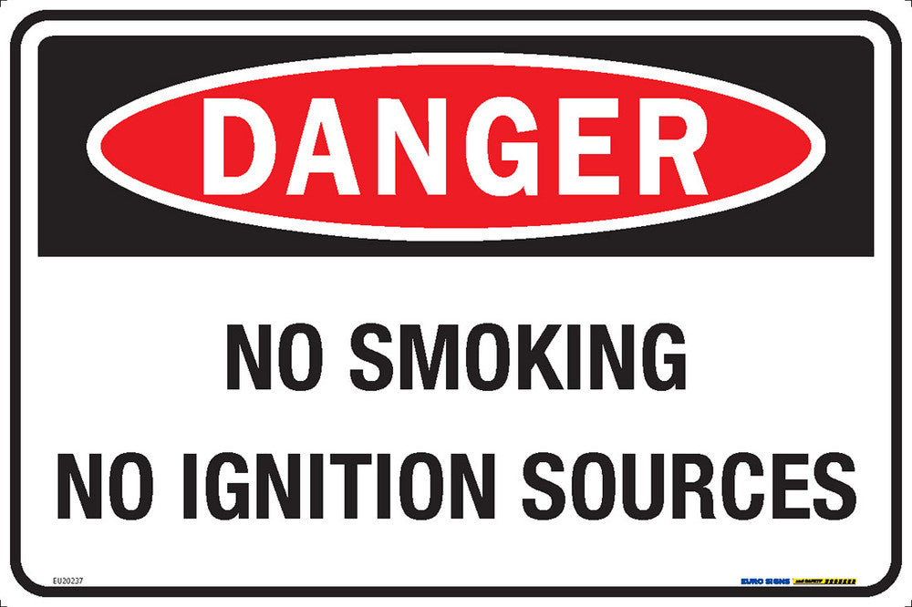 Sign DANGER NO SMOKING NO IGNITION SOURCES Wht/Blk/Red - w450 x h300mm METAL