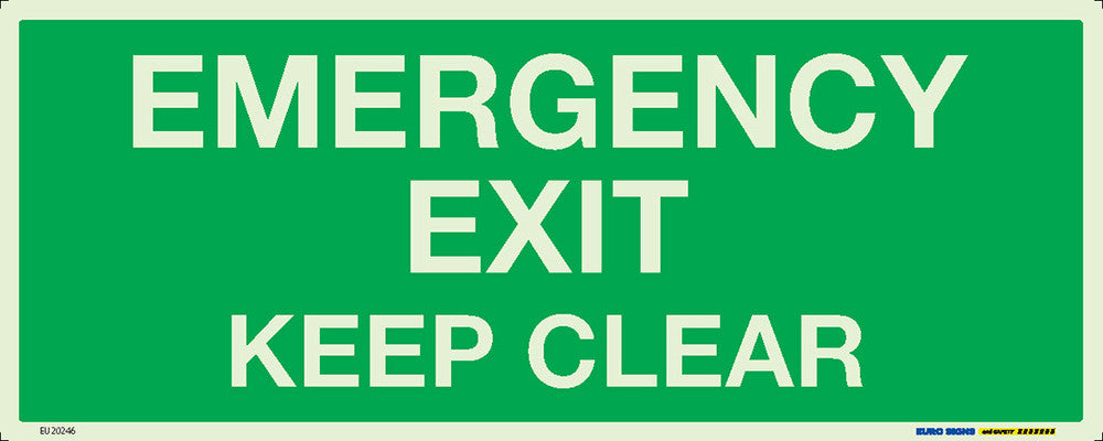 Sign EMERGENCY EXIT KEEP CLEAR Lum. Wht/Grn - w450 x h180mm DECAL