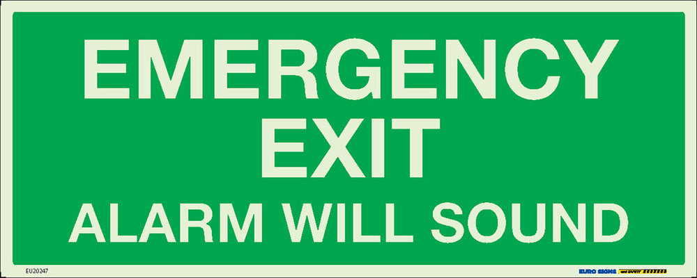 Sign EMERGENCY EXIT ALARM SOUND Lum. Wht/Grn - w450 x h180mm DECAL