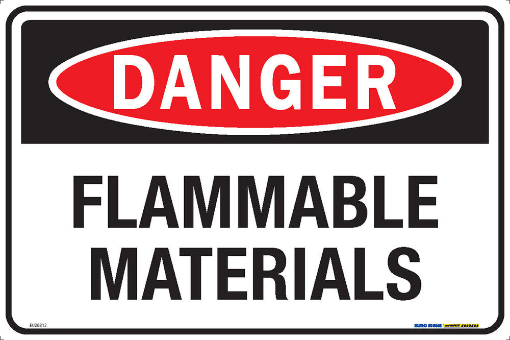 Sign DANGER FLAMMABLE MATERIALS Wht/Blk/Red - w450 x h300mm METAL