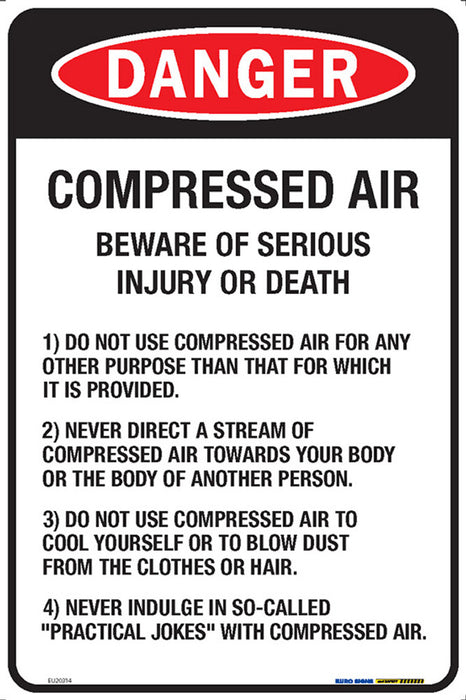 Sign DANGER COMPRESSED AIR BEWARE + instr. Wht/Blk/Red - w300 x h450mm METAL