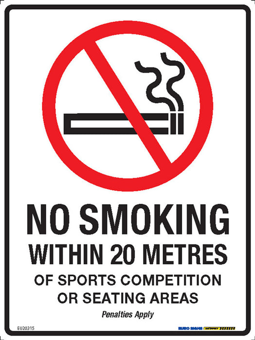 Sign NO SMOKING WITHIN 20 METRES OF SPORTS +graphic Blk/Red/Wht - w225 x h300mm METAL