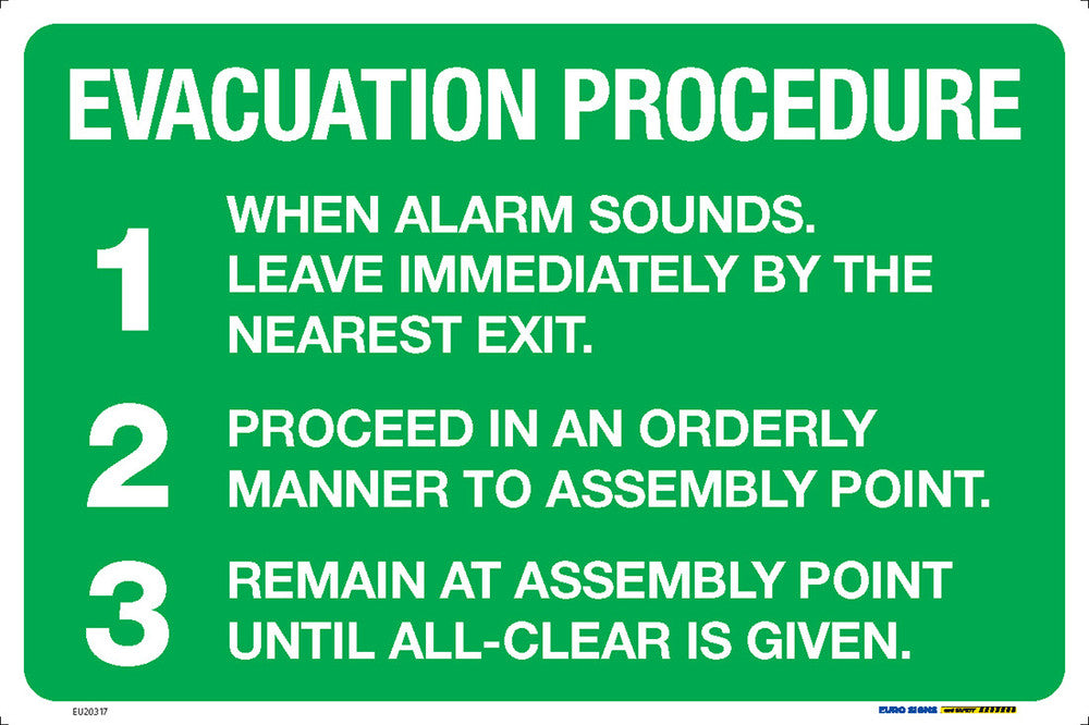 Sign EVACUATION PROCEDURE Wht/Grn - w450 x h300mm METAL