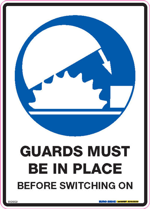Sign GUARDS MUST BE IN PLACE +graphic BLUE/Blk/Wht - w180 x h250mm DECAL