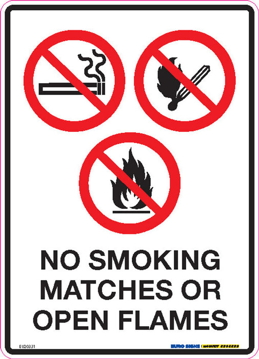 Sign NO SMOKING MATCHES OR OPEN FLAMES +graphic Blk/Red/Wht - w180 x h250mm DECAL