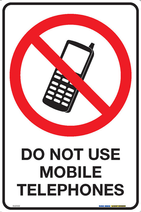 Sign DO NOT USE MOBILES +graphic Blk/Red/Wht - w300 x h450mm METAL