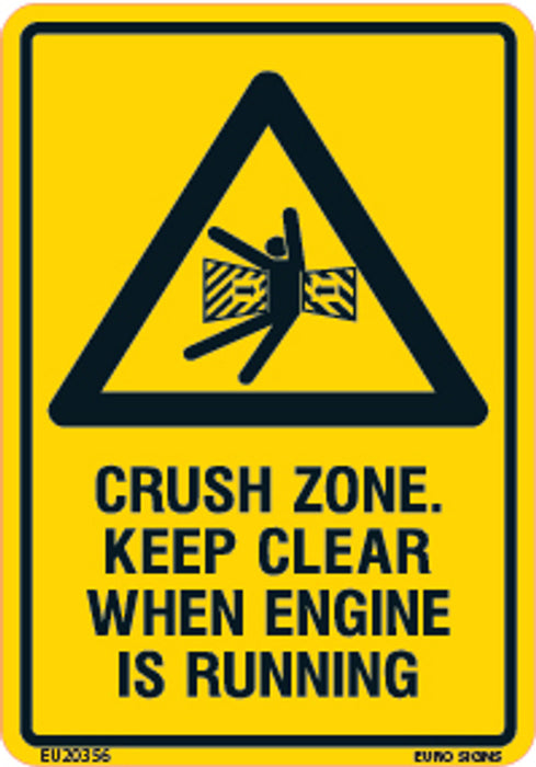 Sign CRUSH ZONE KEEP CLEAR WHEN ENGINE RUNNING +graphic Blk/Ylw - w70 x h100mm DECAL