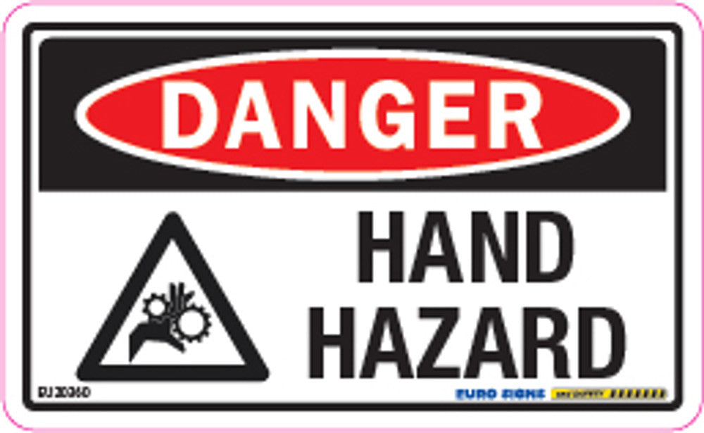 Sign DANGER HAND HAZARD +graphic Wht/Blk/Red - w95 x h55mm DECAL