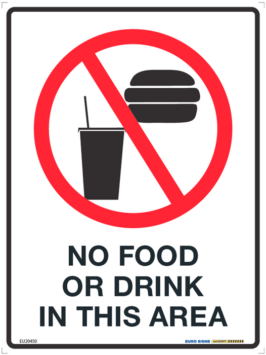 Sign NO FOOD OR DRINK IN THIS AREA +graphic Blk/Red/Wht - w225 x h300mm POLY