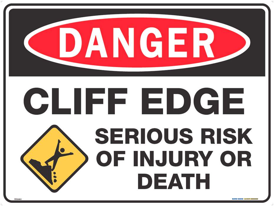 Sign DANGER CLIFF EDGE .. SERIOUS INJURY +graphic Wht/Blk/Red - w600 x h450mm METAL