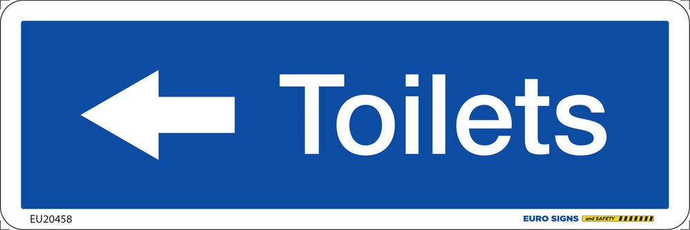 Sign TOILETS <-- Left +graphic Wht/BLU - w300 x h100mm METAL