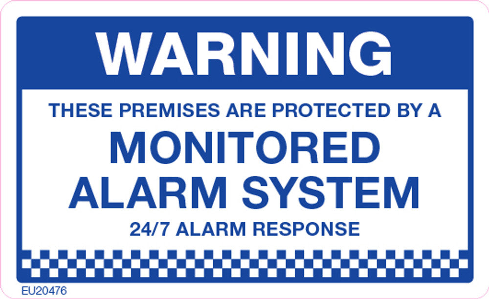 Sign WARNING MONITORED ALARM 24hr response Blu/Wht - w90 x h55mm DECAL