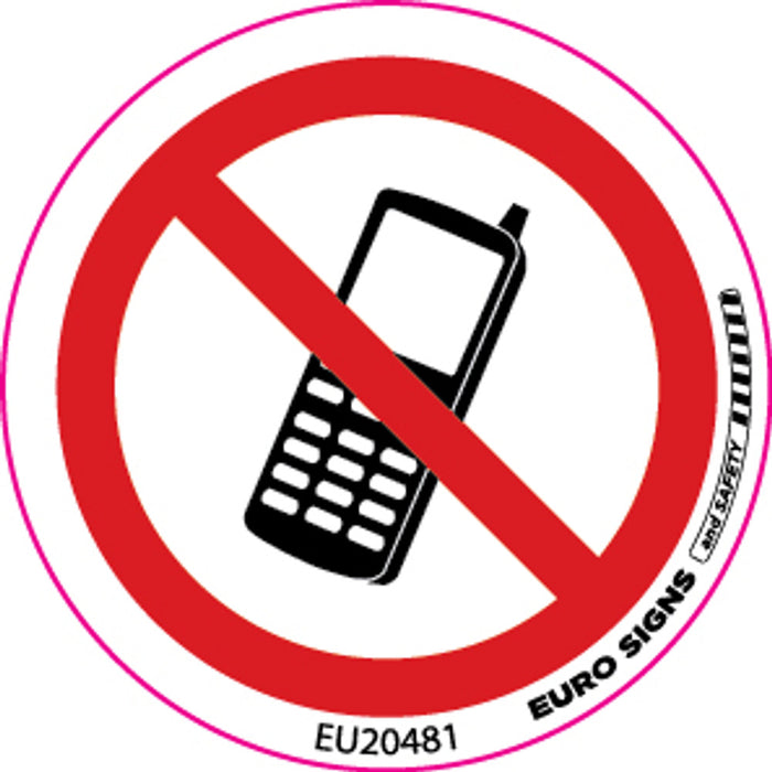 Sign No Mobile Phones SYMBOL only Blk/Red/Wht - dia 50mm DECAL